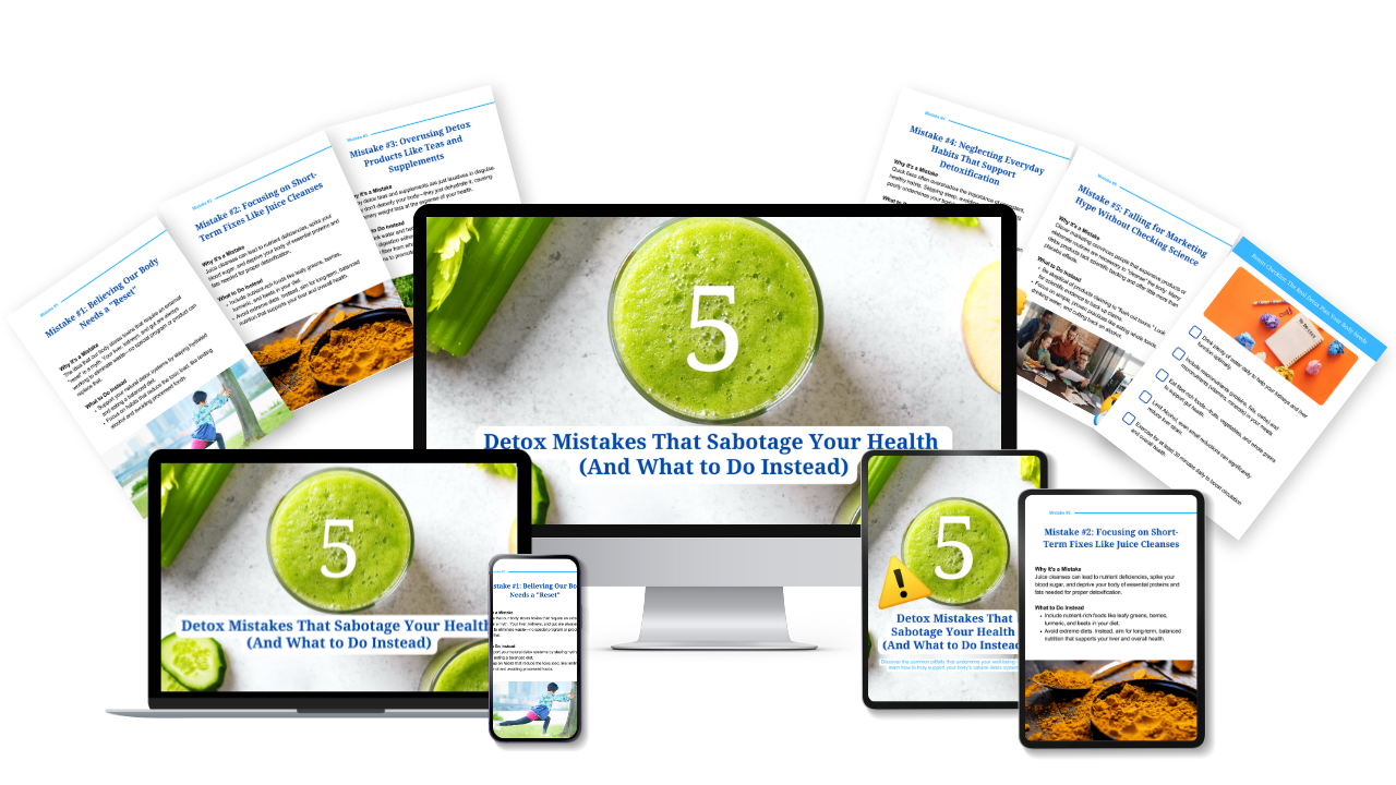 A collection of digital and printable materials titled '5 Detox Mistakes That Sabotage Your Health,' featuring a vibrant green smoothie and health tips for effective detoxification.