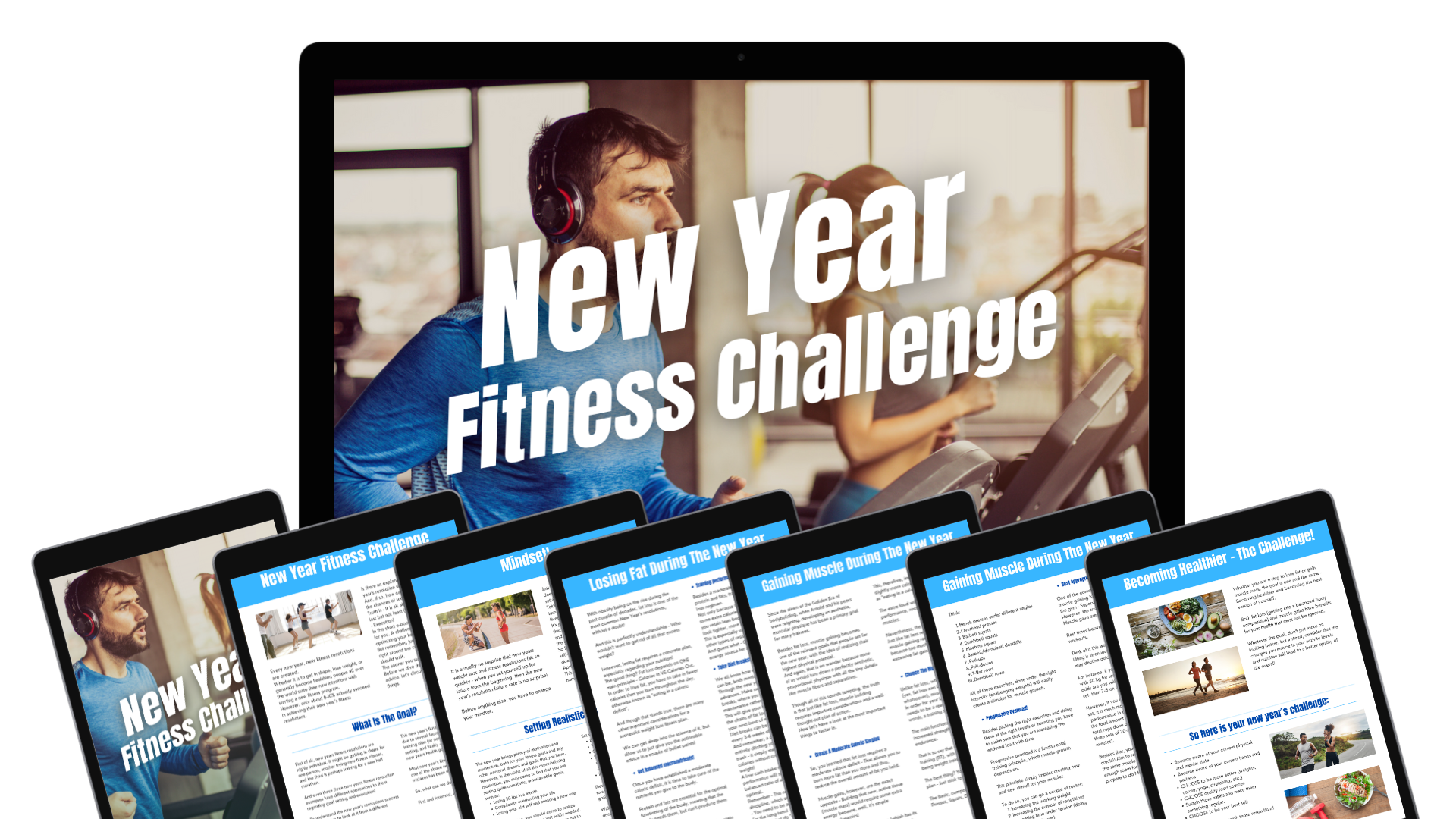 Digital mockup of the New Year Fitness Challenge materials displayed on devices, including tablets and a laptop, emphasizing accessible and comprehensive fitness content.