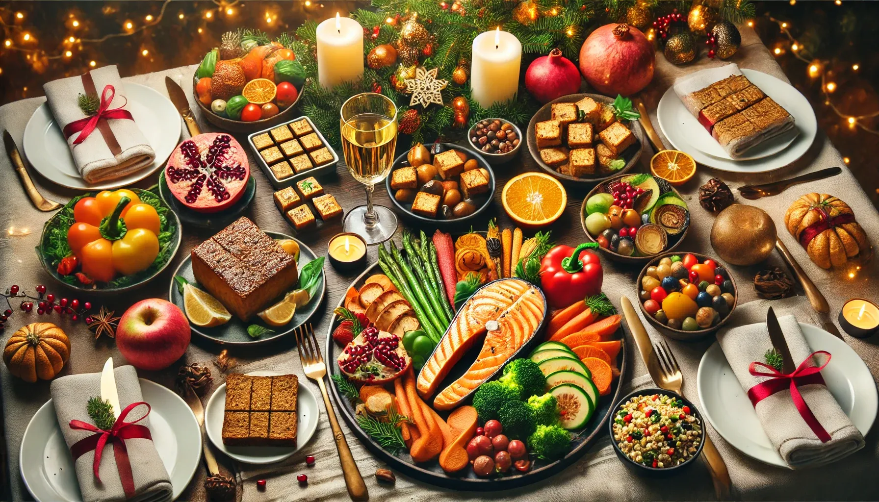 A festive holiday table with colorful dishes, including vibrant vegetables, lean proteins, and healthy appetizers.