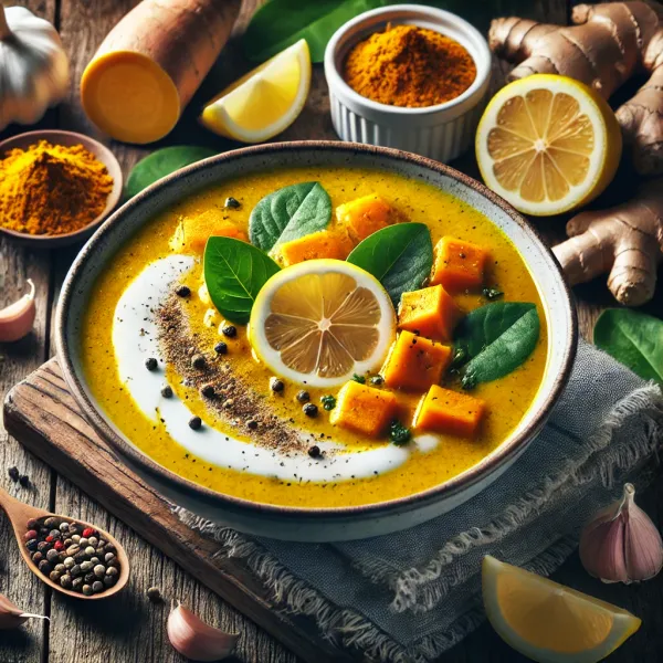 A bowl of anti-inflammatory soup, with fresh spinach, lemon slices, sweet potato, surrounded by turmeric, ginger, and garlic.