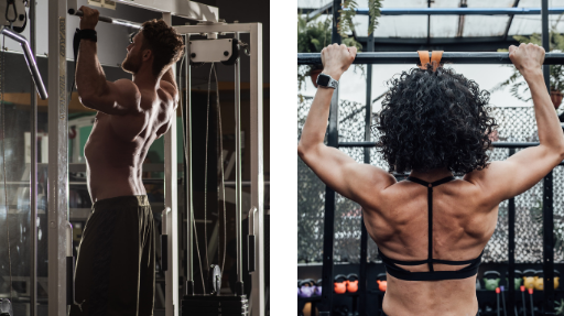 Man and woman performing pull-ups in a gym, showcasing strength and focus for the 30-Day Pull-Up Challenge.