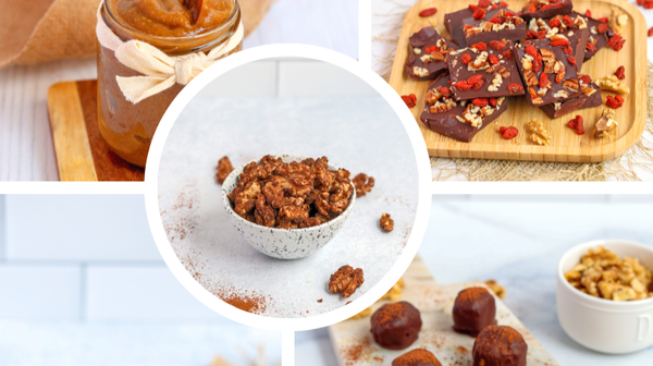 Collage of healthy holiday treats: pumpkin butter, chocolate bark, spiced walnuts, and truffles with superfood ingredients.