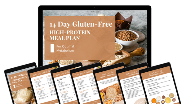 14-Day Gluten-Free High-Protein Meal Plan displayed on multiple devices with meal plan pages and gluten-free food benefits