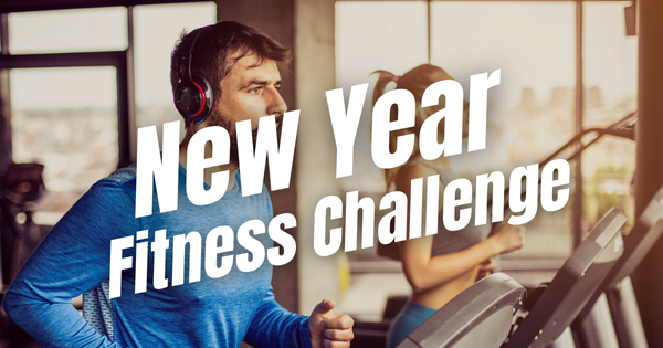 Focused man and woman running on treadmills, promoting the New Year Fitness Challenge for health and fitness goals.