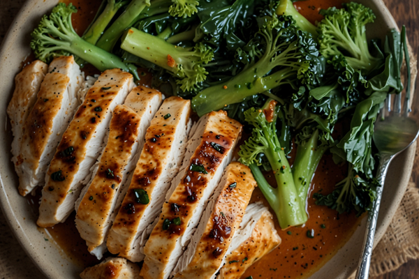 Grilled chicken with steamed broccoli in a savory sauce, a healthy and balanced keto-friendly meal.