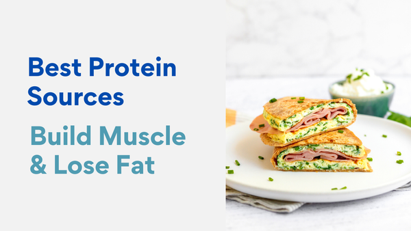 High-protein breakfast wrap with ham, eggs, and spinach on a plate with cottage cheese in the background.